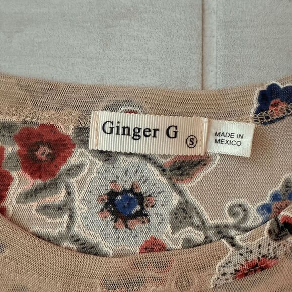 Ginger G Blouse Top Tan Floral Short Sleeve Stretch Unique Boho Chic Festival S - Picture 3 of 6